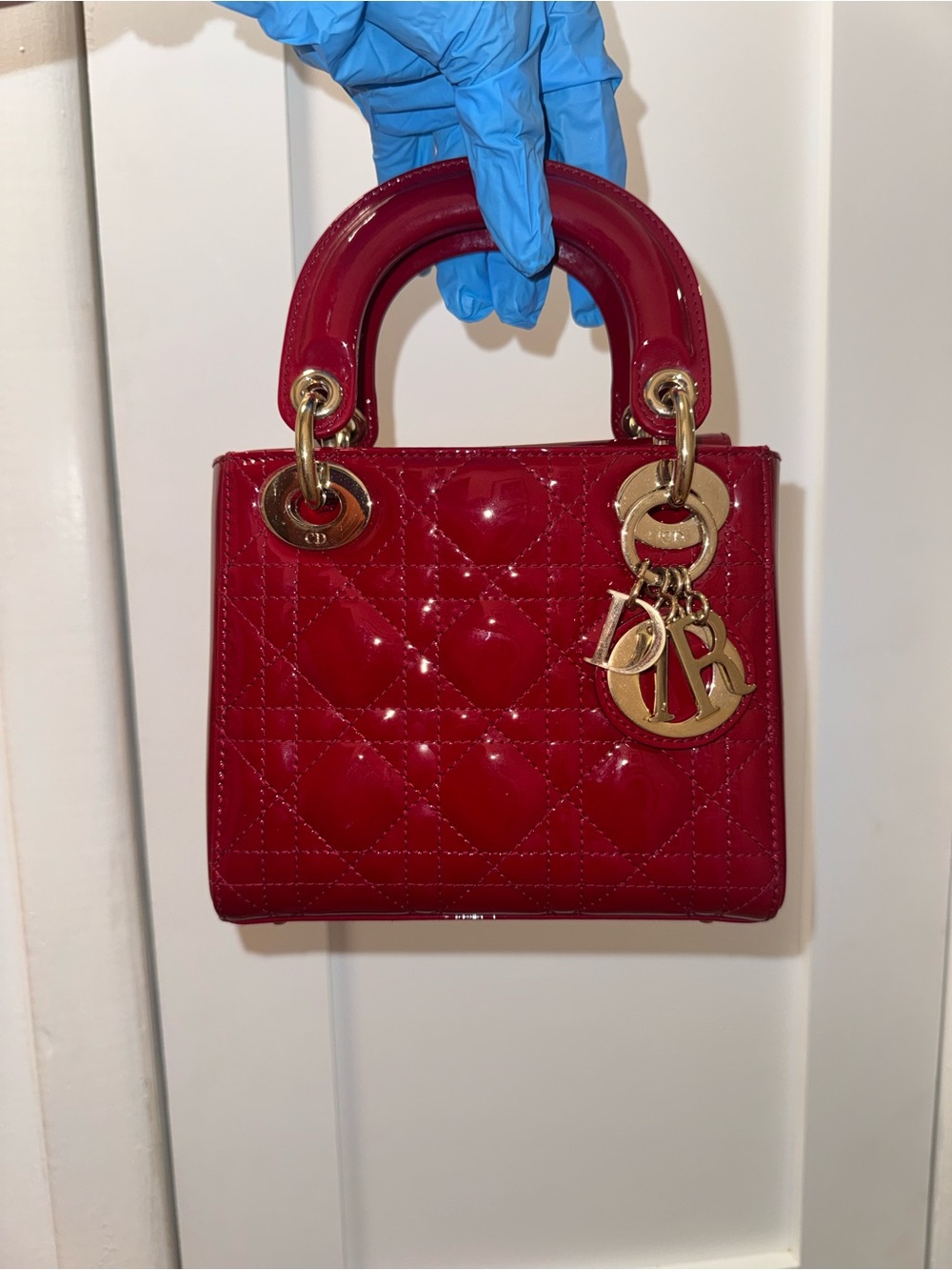 Dior Red Patent Lady Dior Top Handle Bag with Gold Hardware